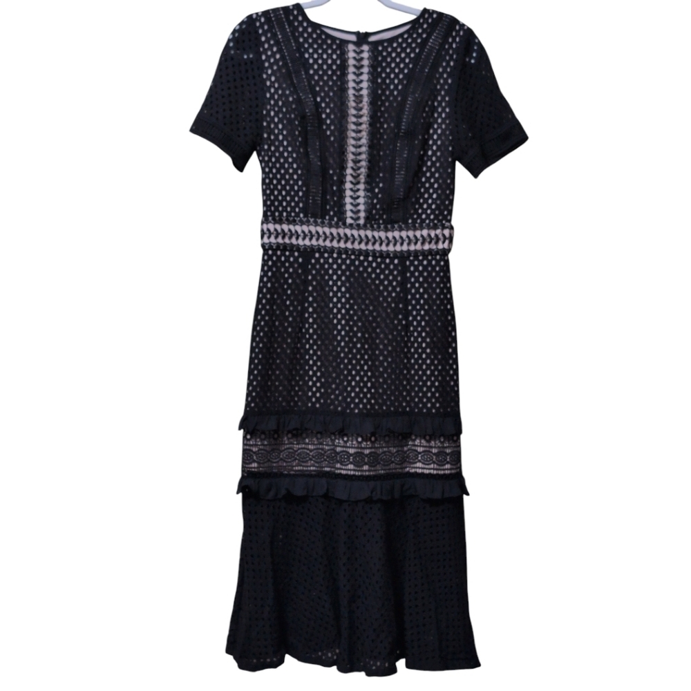 NWT True Decadence All-over Frill Lace Overlay black Tiered midi dress size 12